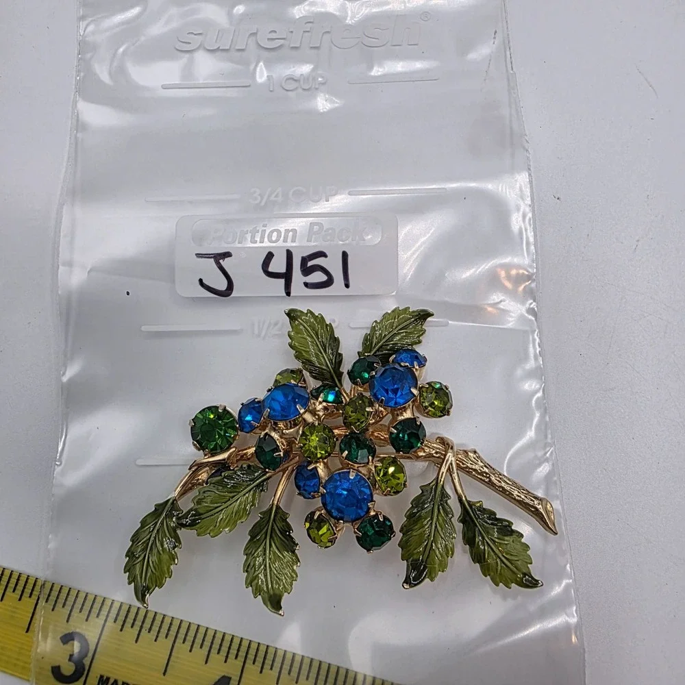 Hobe Enamel‎ Crystal Leaf Brooch Blue Green Gem Rhinestone Statement Pin Vintage
